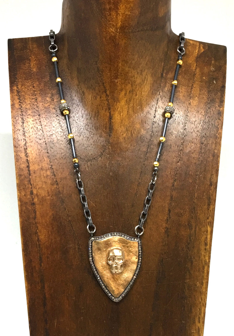 Bronze Skull and Diamond Shield Necklace